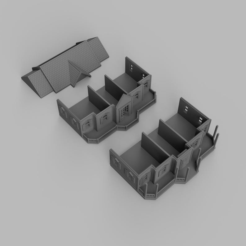 May include: Gray miniature house model with a detached roof and two separate building sections. The model features detailed architectural elements, including windows, balconies, and a textured roof, ideal for hobbyists or model builders.