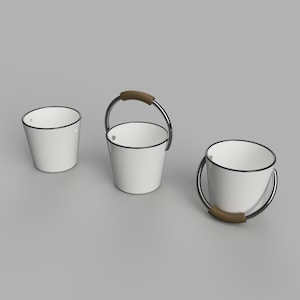 May include: Three white metal buckets with black trim. Two buckets have brown handles. One bucket has a silver handle.
