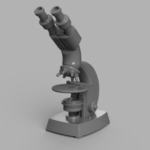 May include: A gray metal microscope with a double lens system and a rotating stage. The microscope has a base with a knob for adjusting the focus.