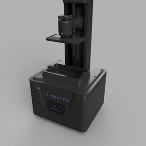 May include: A black 3D printer with a DLP printer label. The printer has a platform that moves up and down.