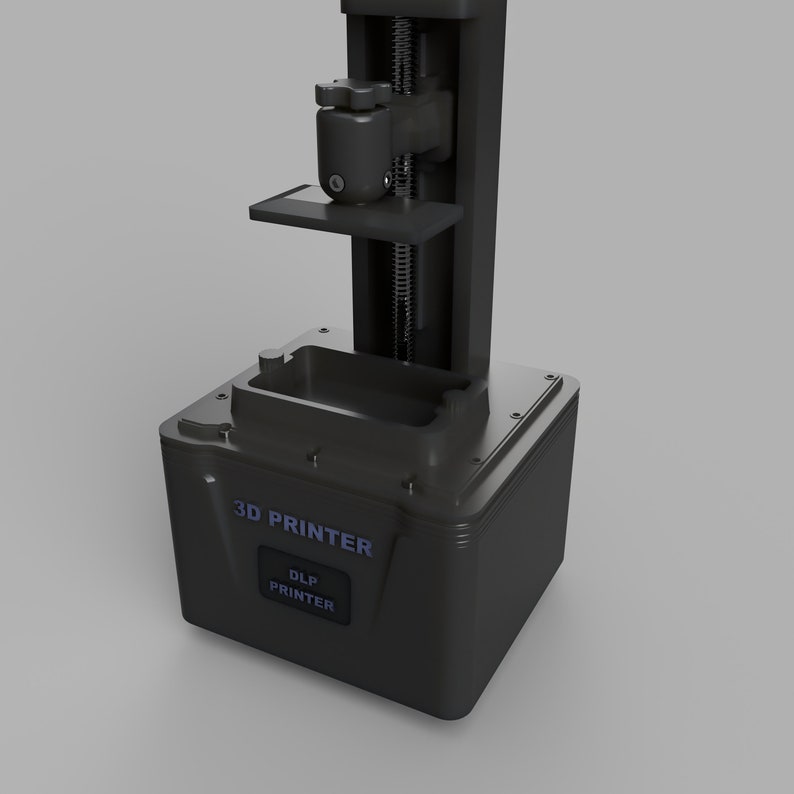 May include: A black 3D printer with a DLP printer label. The printer has a platform that moves up and down.