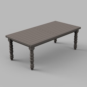 May include: A dark brown wooden dining table with a rectangular top and turned legs. The table has a simple, rustic design.