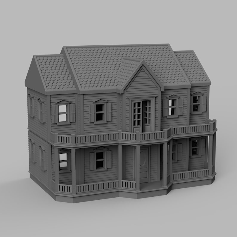 May include: A gray, two-story dollhouse with a detailed design. The house features a gabled roof, multiple windows with shutters, a front porch, and a balcony. The exterior is made of vertical siding.