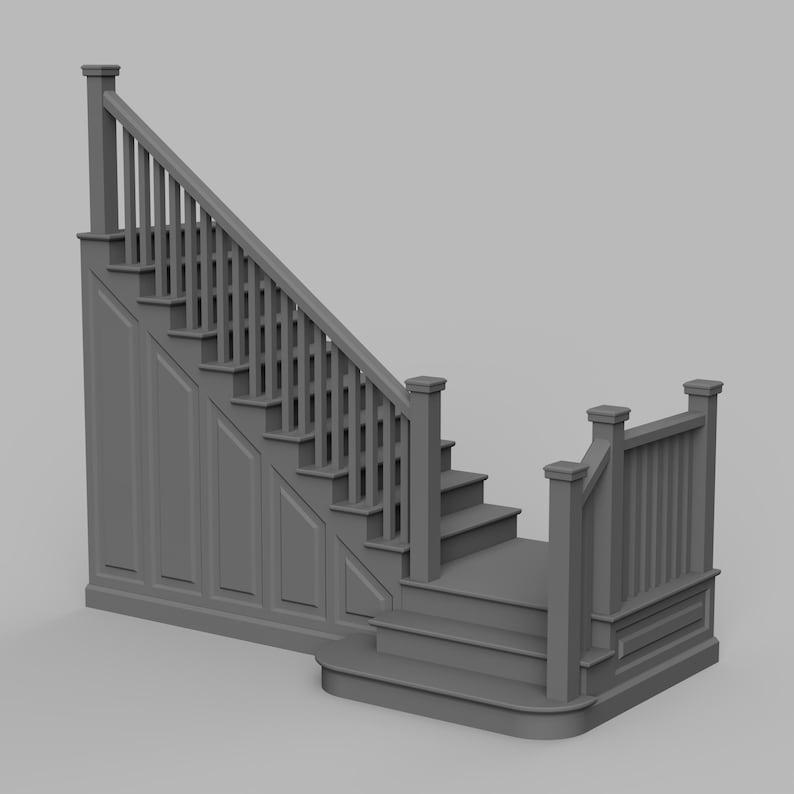 May include: A gray staircase with a handrail and balusters. The stairs have a curved bottom step and are set against a paneled wall. The design is simple and classic, suitable for interior decor.