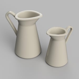 May include: Two white ceramic pitchers, one larger than the other, with a rounded shape and a handle on the side.
