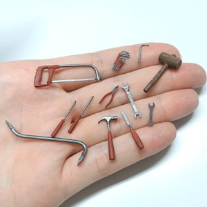 Può includere: Una collezione di strumenti in miniatura, tra cui una sega, una pinza, un martello, una chiave, un cacciavite, un piede di porco e un mazzuolo. Gli strumenti sono tutti in metallo e hanno manici in plastica rossa.