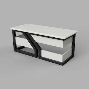 May include: A white table with a black metal frame. The table has two shelves, one above the other. The shelves are open and the table is on a gray background.