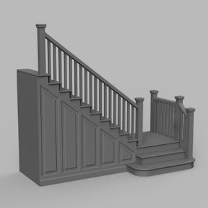 May include: A gray staircase with a railing and balusters. The stairs have a landing and a decorative panel on the side. The design is a classic architectural element.