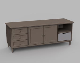 May include: A brown wooden media console with three drawers on the left side, two doors in the center, and an open shelf and drawer on the right side. The console has a light brown wood finish and sits on four legs.