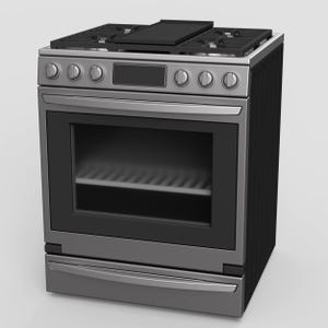 Puede incluir: Una cocina de gas de acero inoxidable con una encimera y puerta de horno negras. La cocina cuenta con cinco quemadores, una plancha y una pantalla digital. El horno tiene una puerta de cristal y un cajón extraíble en la parte inferior.