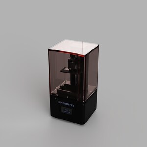 May include: A black and clear 3D printer with a transparent resin tank and a black base. The printer has a label that reads "3D PRINTER" and "DLP PRINTER".