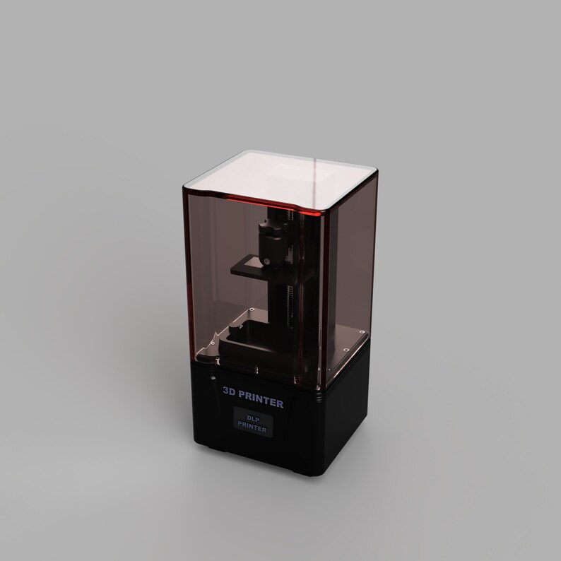 May include: A black and clear 3D printer with a transparent resin tank and a black base. The printer has a label that reads "3D PRINTER" and "DLP PRINTER".