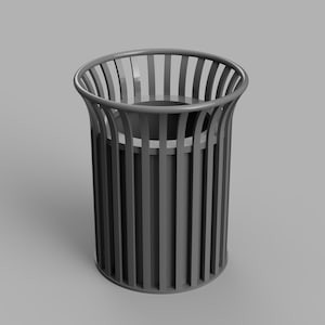 May include: A gray metal trash can with a cylindrical shape and a decorative top with vertical bars. The trash can is designed for outdoor use.