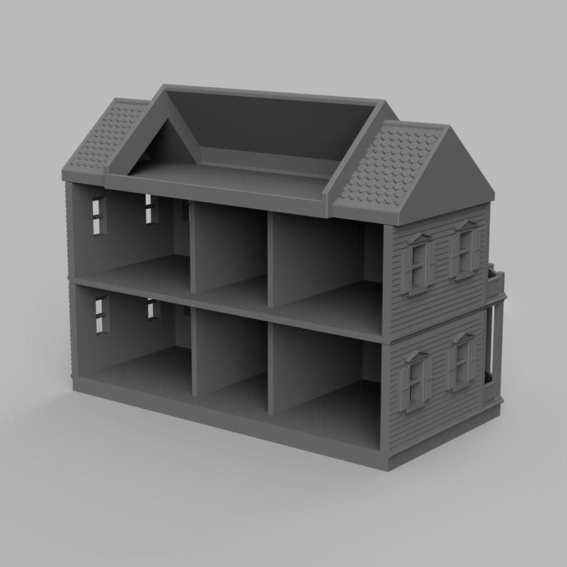 May include: A gray, two-story dollhouse with a gabled roof and multiple rectangular openings for rooms. The exterior features detailed siding and window frames, offering a classic architectural design. The dollhouse is a blank canvas for customization.