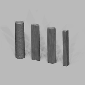 Puede incluir: Cuatro troncos de madera de diferentes tamaños y formas. Los troncos son todos de color gris y tienen una superficie rugosa y texturizada.