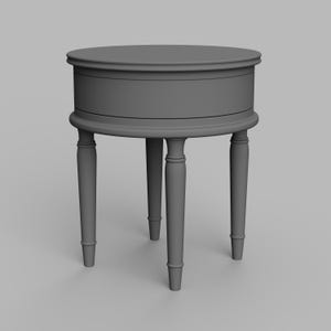 May include: A gray round side table with a single drawer and three legs. The table is made of wood and has a simple, classic design.