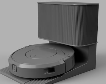 May include: A gray robotic vacuum cleaner with a charging dock. The dock has a gray, ribbed cover.