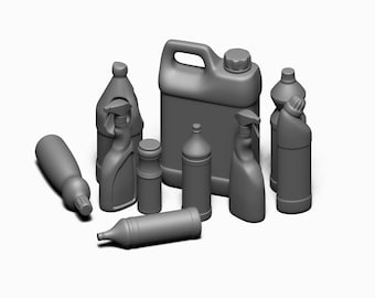 STL File - 1/12 And 1/6 Scale Miniature Cleaning Bottle Set (8 piece) for Dollhouses and Miniature Projects  (commercial license)