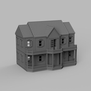 May include: A gray, two-story dollhouse with a porch, shutters, and a detailed roof. The miniature house has multiple windows and a front door, designed to resemble a classic American home.