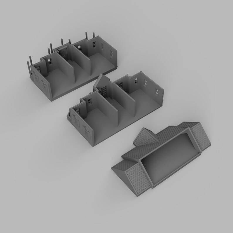 May include: Three gray miniature house models. The models include walls, windows, and roof structures. The models are designed to be used for architectural or hobbyist projects.