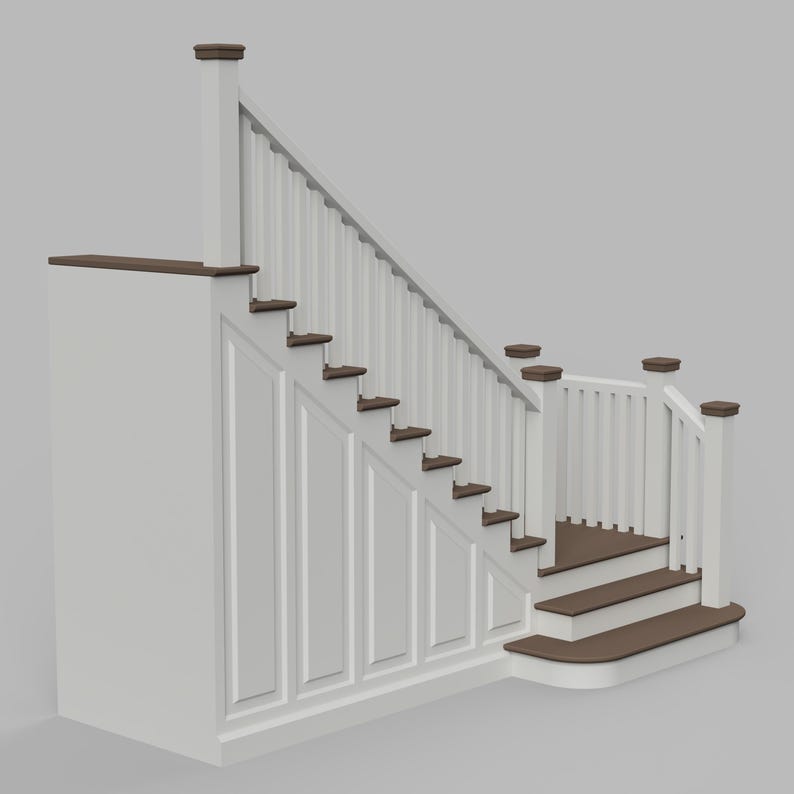 May include: A white staircase with brown steps and accents. The staircase has a railing with vertical balusters and a decorative panel on the side. The steps are approximately 10 inches deep.