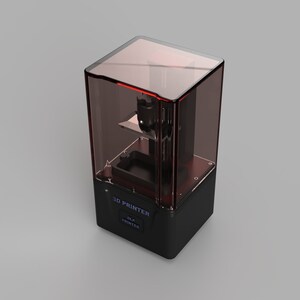 May include: A black and red 3D printer with a clear plastic cover. The printer has a label that says "3D PRINTER" and "DLP PRINTER".
