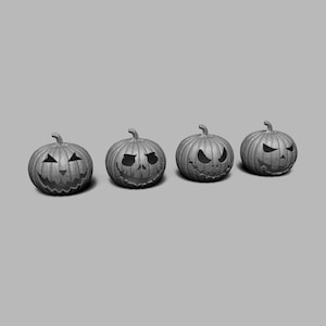 May include: Four gray carved pumpkins with different facial expressions. The pumpkins are arranged in a row from left to right.