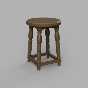 May include: A brown wooden stool with a round seat and turned legs. The stool has a simple, classic design.