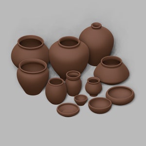 Könnte beinhalten: Eine Sammlung von 12 braunen Ton-Töpfen in verschiedenen Größen und Formen. Die Töpfe sind in einer Gruppe auf einem grauen Hintergrund angeordnet.