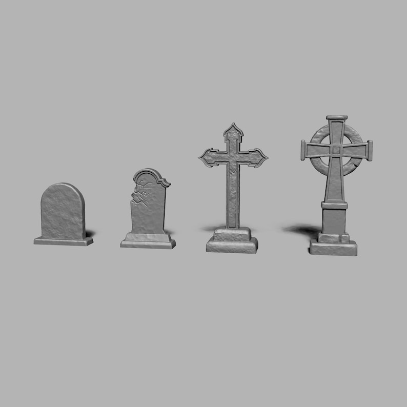May include: Four different styles of gray stone grave markers, including a simple rounded headstone, a rectangular headstone with a broken top, a cross with a base, and a Celtic cross with a base.