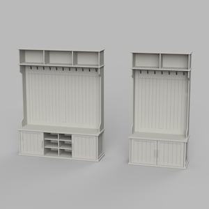 May include: Two white wooden coat racks with shelves and storage compartments. The coat racks have hooks for hanging coats and a bench seat.