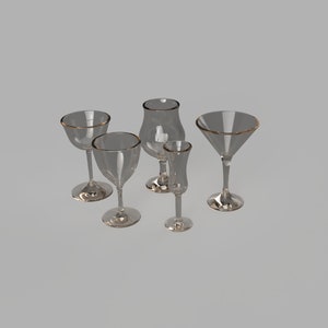 May include: Five clear glass drinking glasses with gold rims. The glasses are arranged in a row on a white surface.