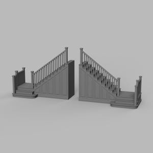 May include: Two gray staircases with detailed railings and paneling. Each staircase has a landing at the bottom and a balustrade. The design is symmetrical, with one staircase facing the opposite direction of the other.