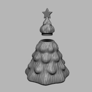 Op de afbeelding: Een grijze keramische kerstboomversiering met een ster bovenop. De boom is open en de bovenkant is gescheiden.