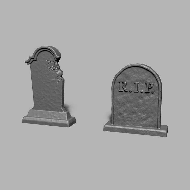 May include: Two gray stone tombstones, one with a broken top and the other with the inscription "R.I.P."