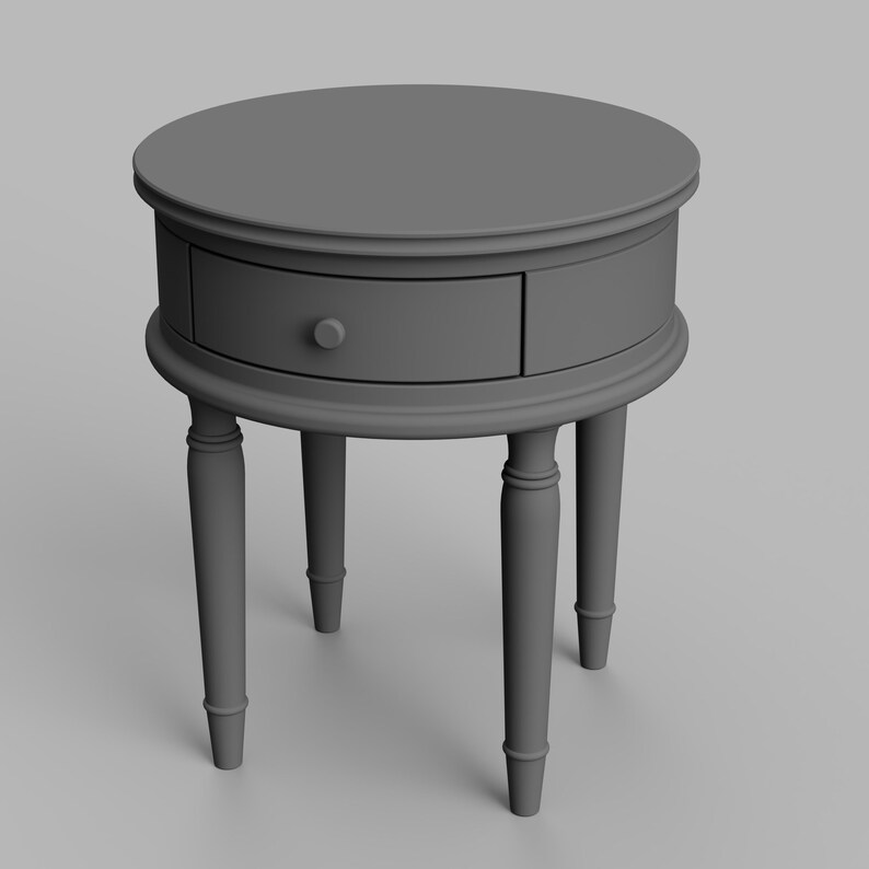 May include: A gray round end table with a single drawer and turned legs.