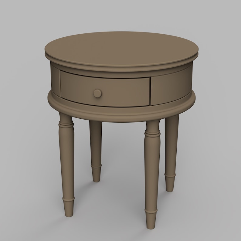 May include: A round wooden end table with a single drawer and turned legs. The table is painted a light brown color.