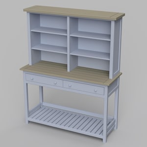 May include: A light blue wooden hutch with a light brown top and two drawers. The hutch has a shelf on the top and a bottom shelf with slatted supports.