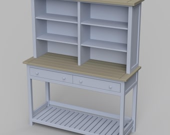 May include: A light blue wooden hutch with a light brown top and two drawers. The hutch has a shelf on the top and a bottom shelf with slatted supports.