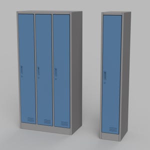 May include: A set of gray metal lockers with blue doors. The lockers have a rectangular shape with a handle and ventilation slots at the bottom. One set has three doors, and the other has a single door.