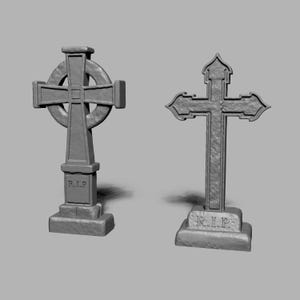 May include: Two gray stone crosses with the inscription "R.I.P." on the base. The cross on the left is a Celtic cross with a circular design. The cross on the right is a simple cross.