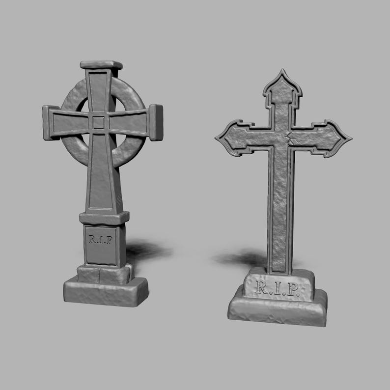 May include: Two gray stone crosses with the inscription "R.I.P." on the base. The cross on the left is a Celtic cross with a circular design. The cross on the right is a simple cross.