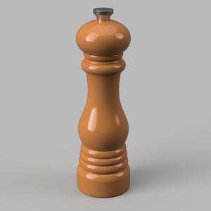 May include: A brown pepper mill with a rounded top and a cylindrical body. The mill has a dark gray cap and a series of horizontal ridges near the base. The smooth, glossy finish gives it a classic look.