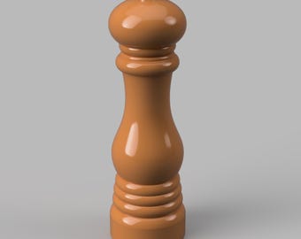 May include: A brown pepper mill with a rounded top and a cylindrical body. The mill has a dark grey cap and a series of horizontal ridges near the base. The smooth, glossy finish gives it a classic look.