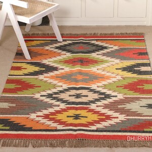 Handwoven Wool Jute Kilim Rug, Handwoven Wool Jute Rug, Kilim Jute Rug, Flatweave Rug, Bohemian Rug, Indian Dhurrie Rug