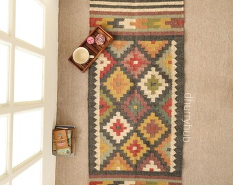 Handmade Wool Jute Kilim Rug, Vintage Style, Turkish Design