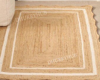 Hand Braided Natural Jute Scalloped Runner Rug with Color Scallop Border Custom Rug