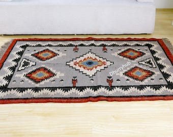 Handmade Wool Jute Kilim Rug, Bohemian Dhurrie Rug