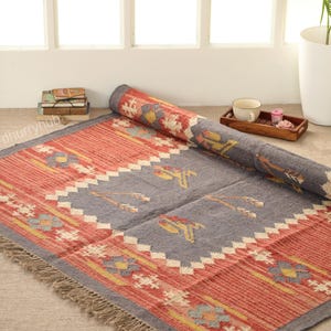 Handgemaakt kelimtapijt, handgeweven wol- en jutetapijt, Indiase kelim dhurrie-tapijt, karpet, Navajo kelimtapijt, vintage kelimtapijt op maat gemaakt