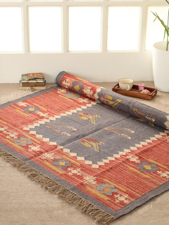 Handwoven Wool Jute Kilim Rug, Indian Dhurrie, Area Rug